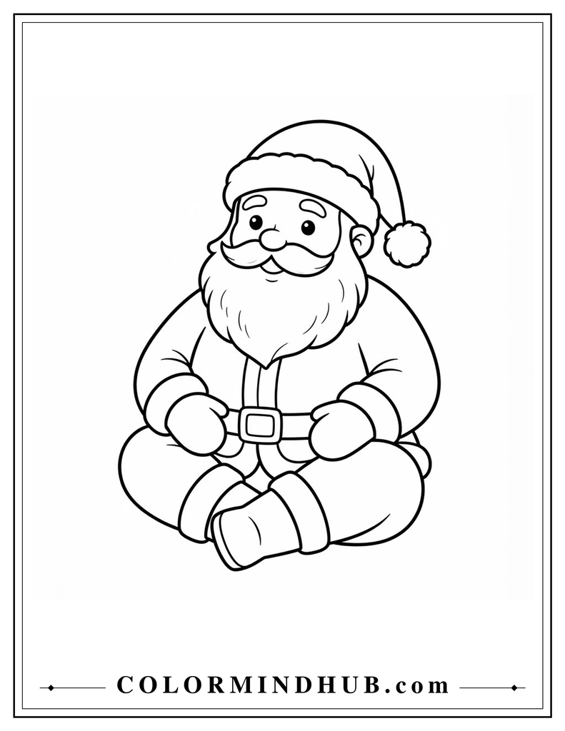 Chubby Santa Claus sitting cross-legged with his hands resting on his knees - Santa Claus coloring page for kids