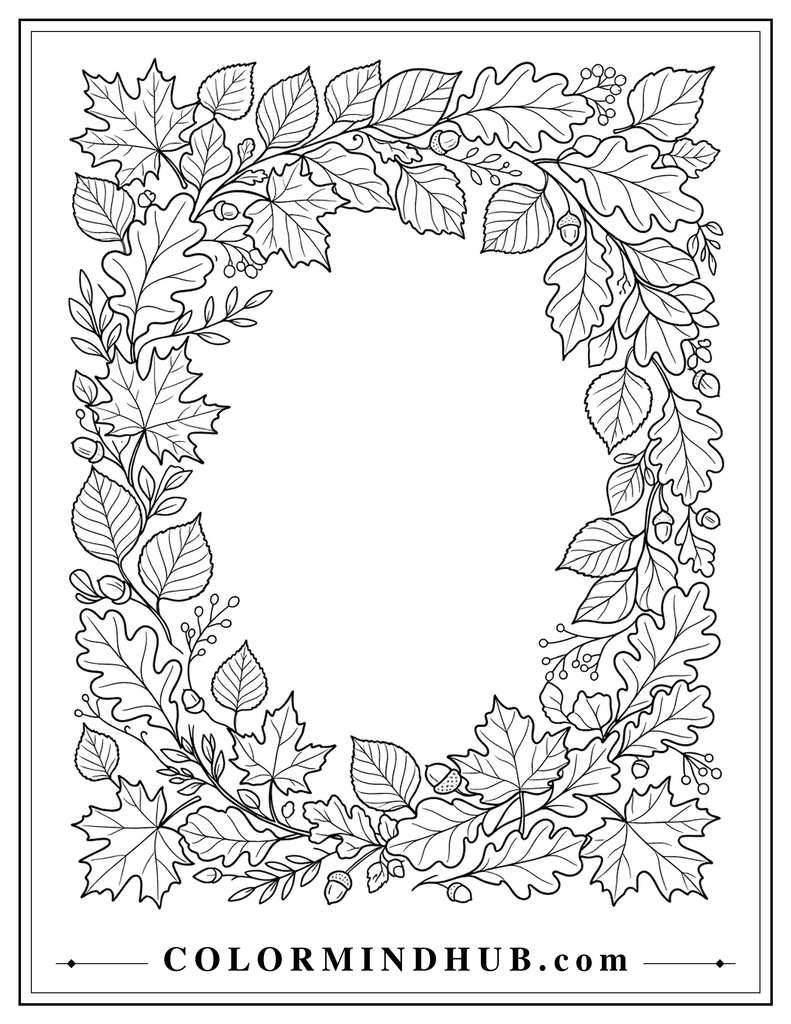 Decorative maple, oak, beech, and birch leaves arranged around the edges of the page with an open center - fall leaves coloring page