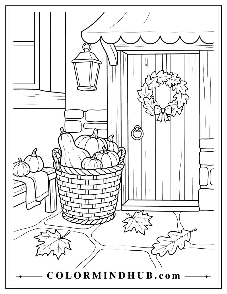 Woven basket filled with pumpkins and squash beside a simple wooden door - fall coloring page