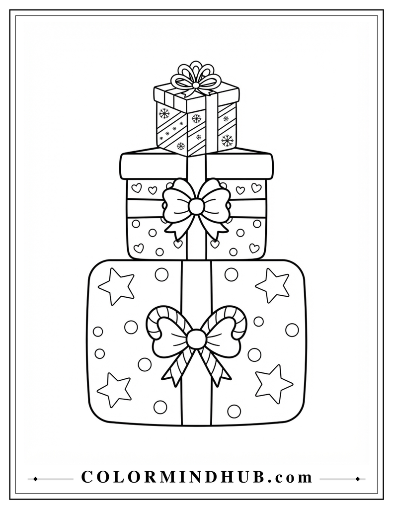 Multiple wrapped holiday presents stacked together with small bows, stars, circles, and patterns - Christmas gift coloring page