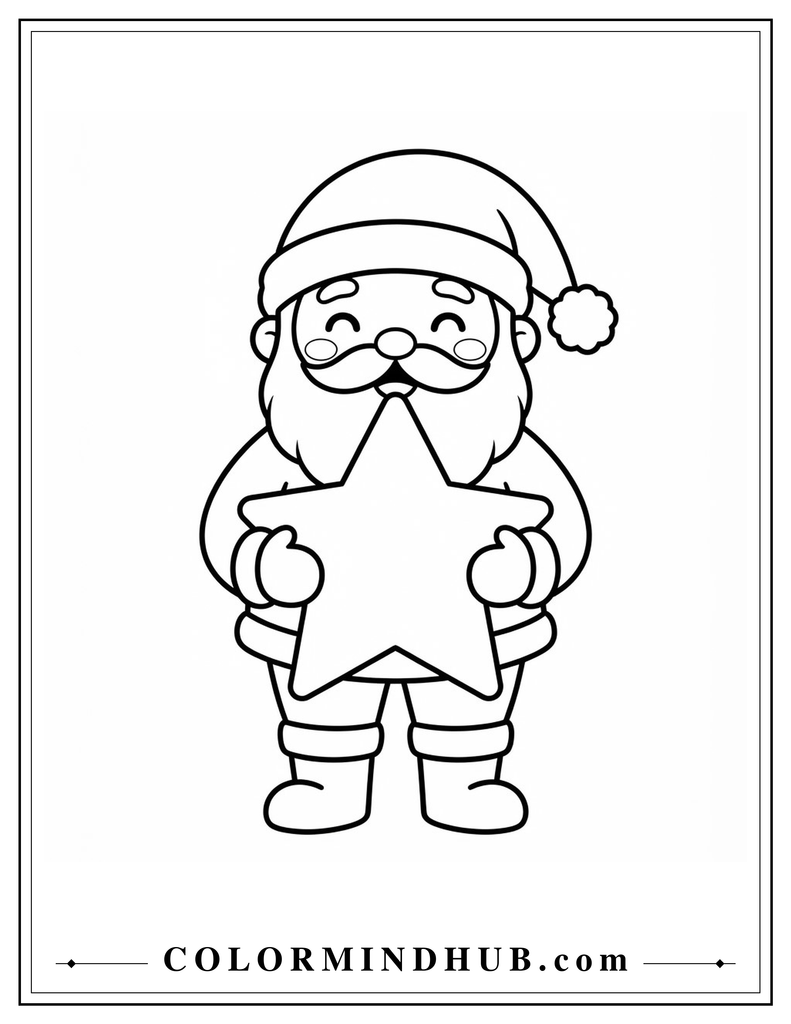 Happy Santa Claus holding a large five-point Christmas star with both hands - Christmas Santa coloring page