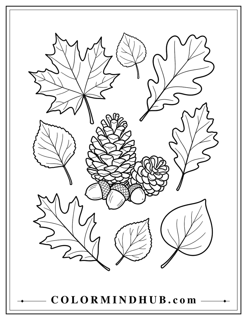 Collection of different fall leaves with two pinecones and simple acorns arranged for easy coloring - autumn coloring page
