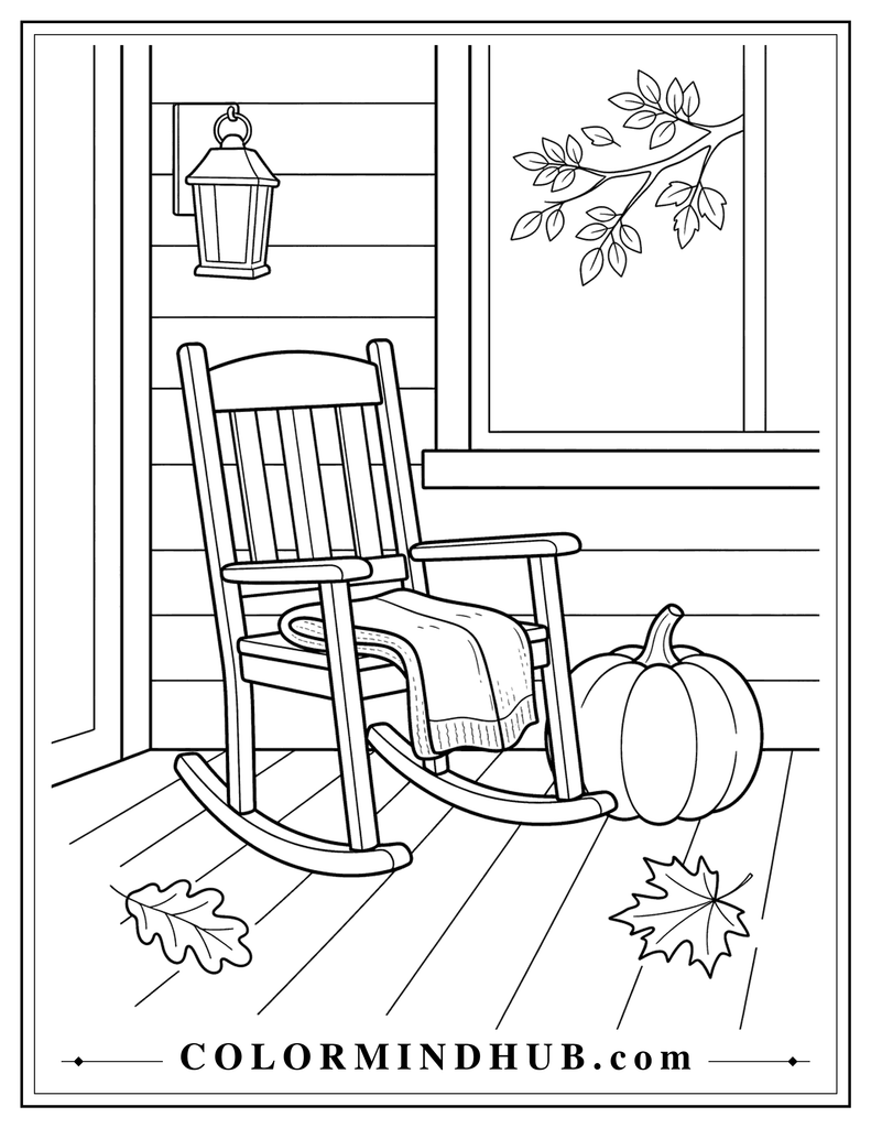 Welcoming autumn porch with a rocking chair, pumpkin, lantern, and folded blanket - fall porch coloring page