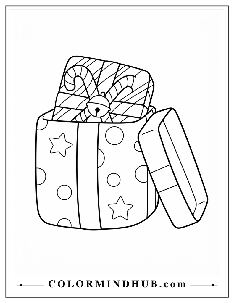 Wrapped Christmas present with star and circle decorations next to a smaller tilted gift package - Christmas present coloring page
