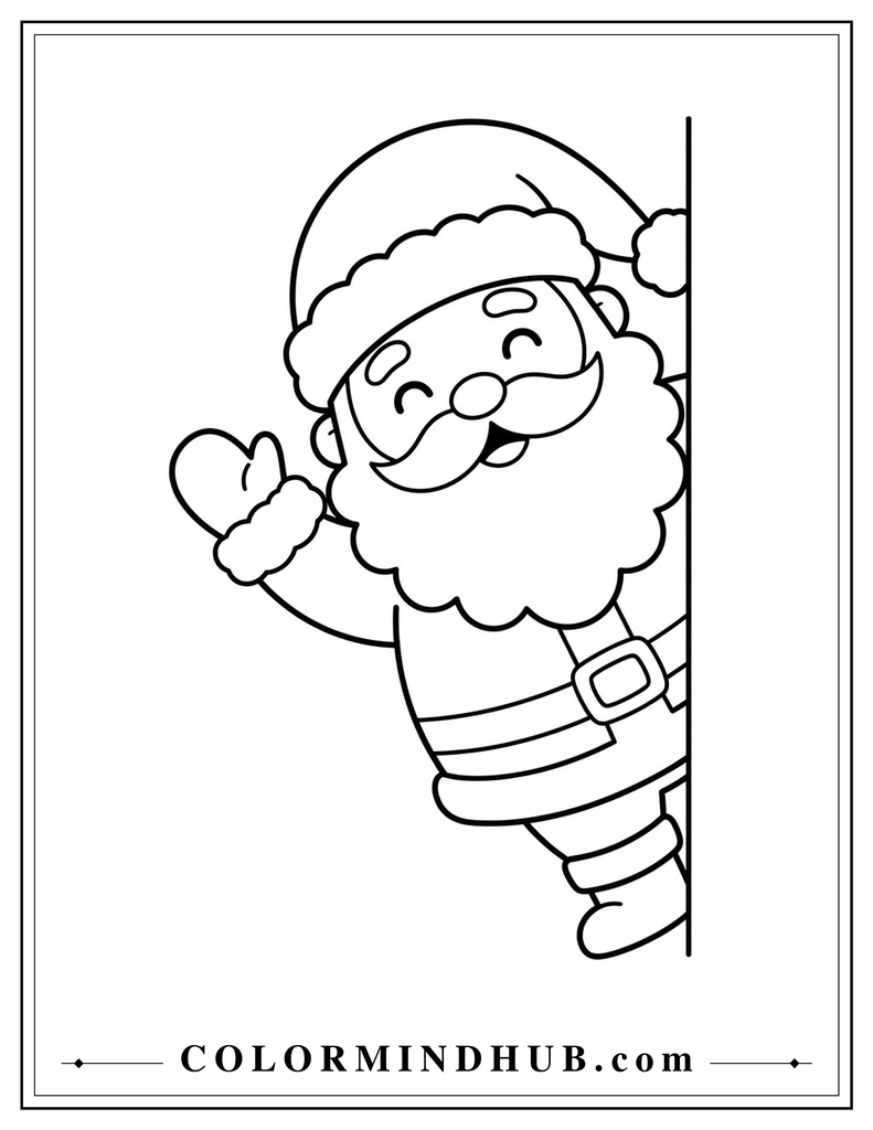 Playful Santa Claus peeking around a corner with a smiling face and fluffy beard - Santa coloring page for kids