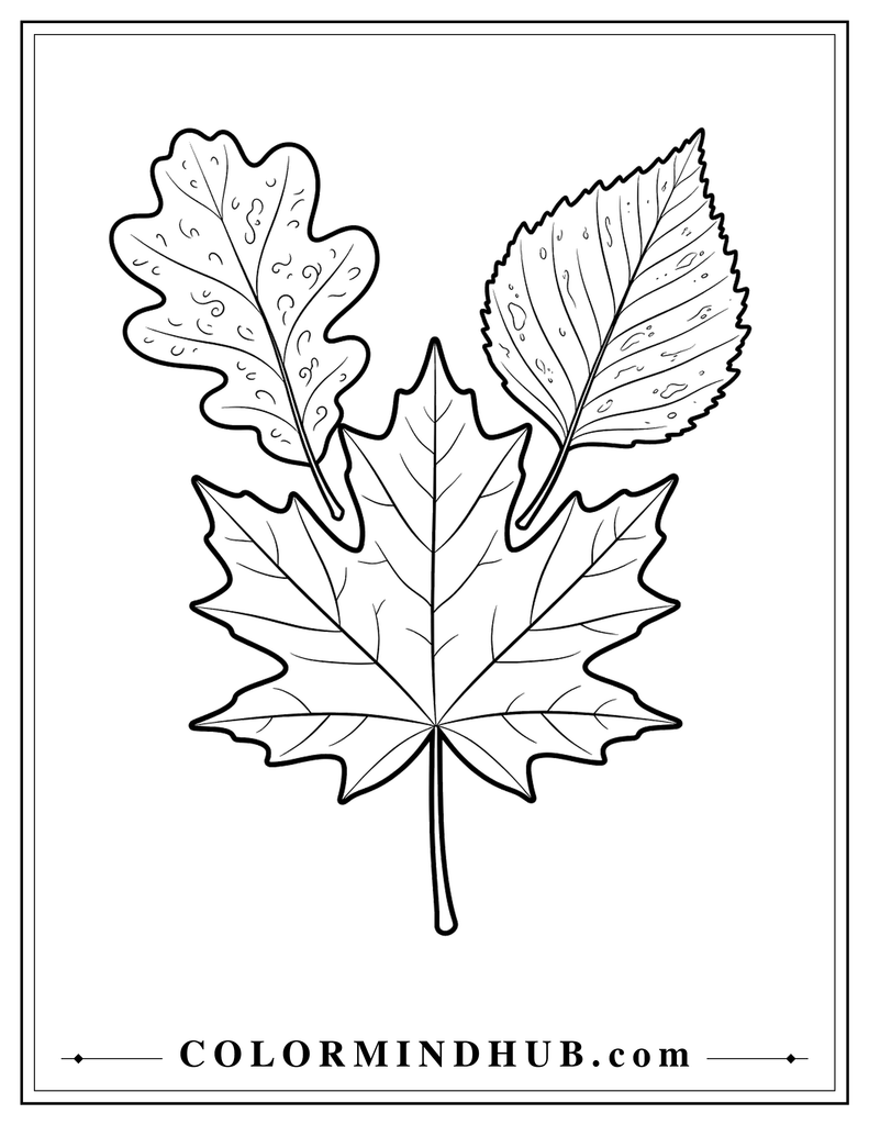 Three large autumn leaves featuring simple vein patterns, curved lines, and organic textures - fall leaf coloring page