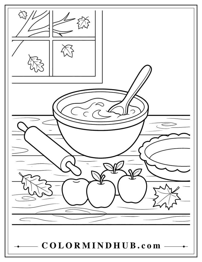 Autumn baking setup with a mixing bowl, wooden spoon, rolling pin, pie dish, and apples - cozy fall coloring page
