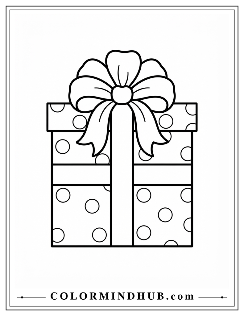 Simple rectangular Christmas present with a large bow, vertical ribbon, and round decorations - Christmas gift coloring page