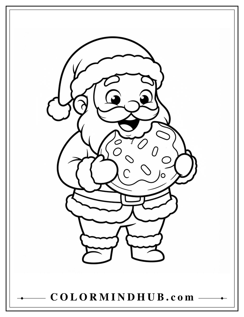 Joyful Santa Claus holding an oversized Christmas cookie with both hands - Santa Claus coloring page