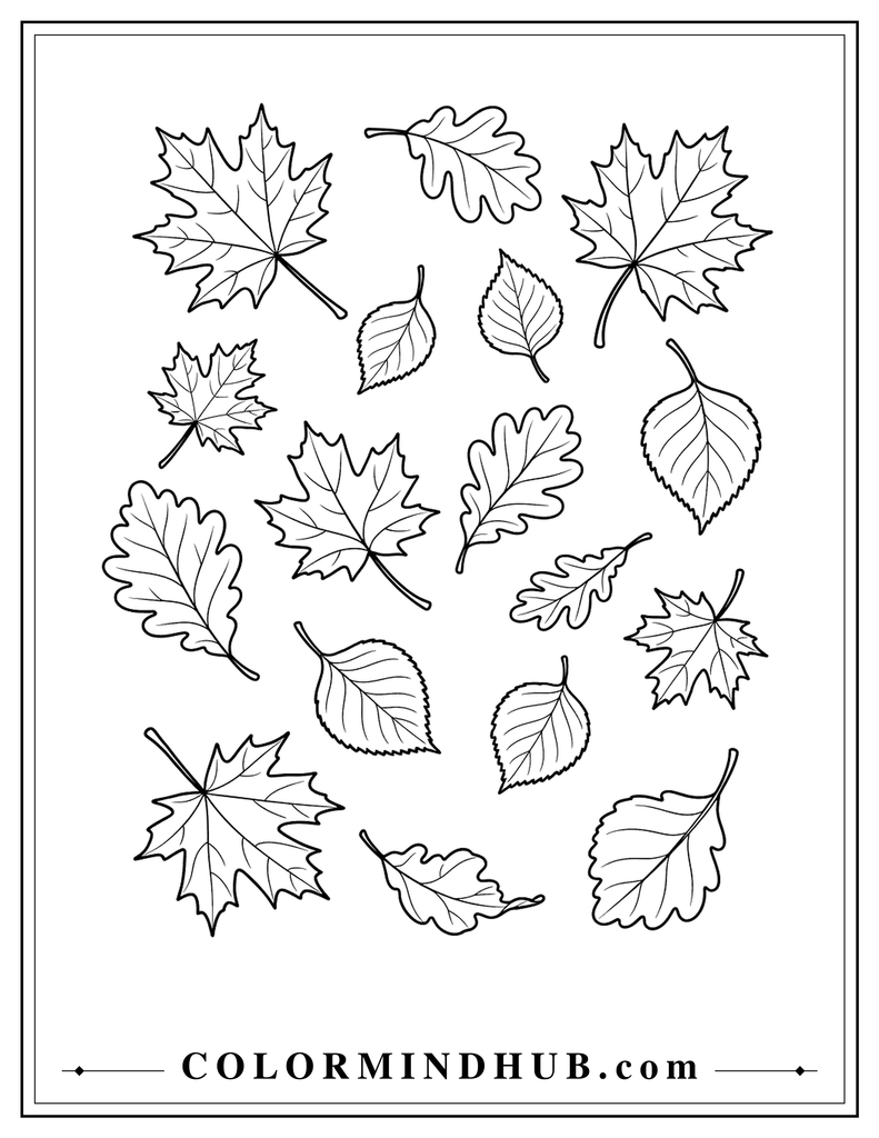 Group of maple, oak, and birch leaves swirling through the air in an autumn breeze - fall leaves coloring page