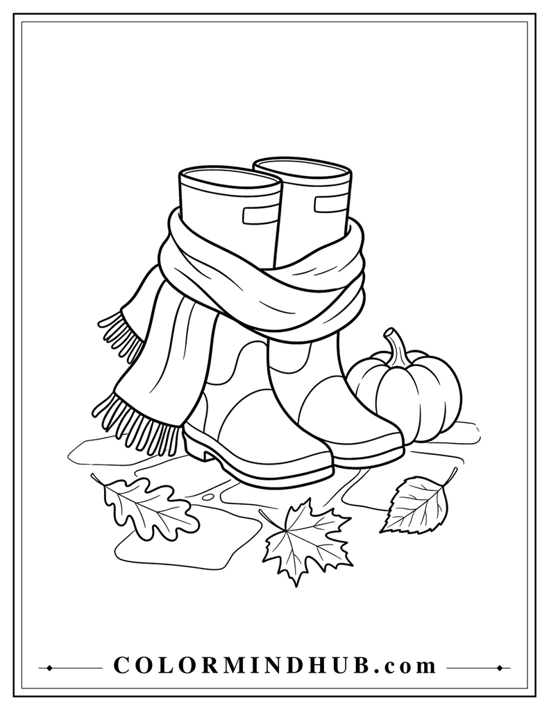 Cozy scarf wrapped around a pair of rain boots with a small pumpkin beside them - autumn coloring page