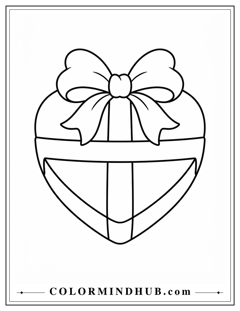 Heart-shaped Christmas present featuring a large bow and simple ribbon decoration - Christmas gift coloring page for kids