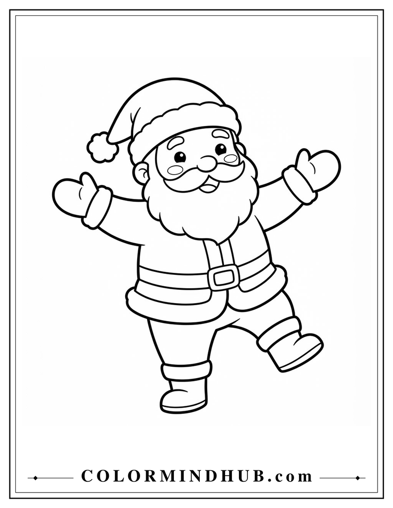 Adorable Santa Claus dancing with one foot lifted and both arms spread outward - Christmas Santa coloring page