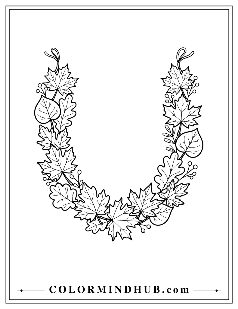 Curved garland made from maple, oak, and woodland leaves with individually separated coloring spaces - fall leaves coloring page