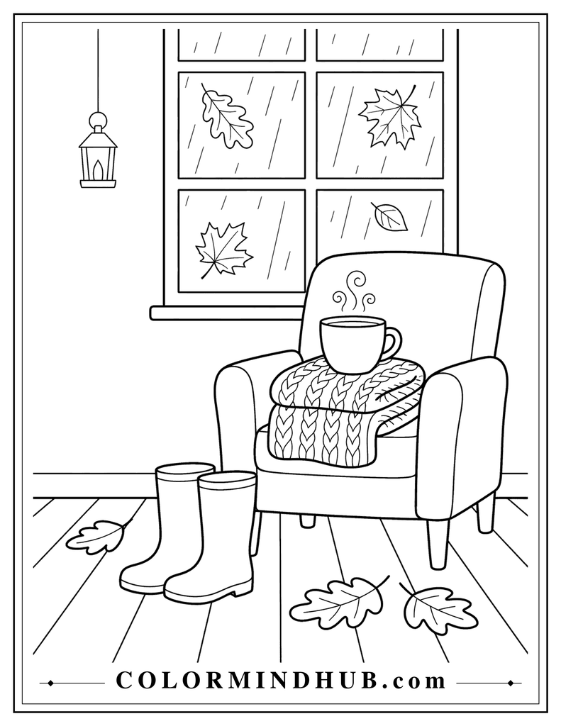 Cozy rainy fall scene with a window, soft blanket, mug, and pair of rain boots - autumn coloring page