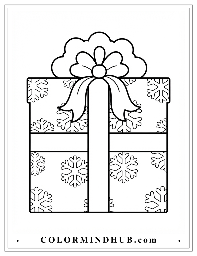 Rectangular Christmas gift decorated with snowflake patterns and a large bow in the center - Christmas present coloring page