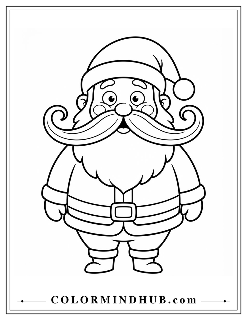 Funny Santa Claus showing an oversized curly mustache beneath his fluffy beard - cute Santa coloring page