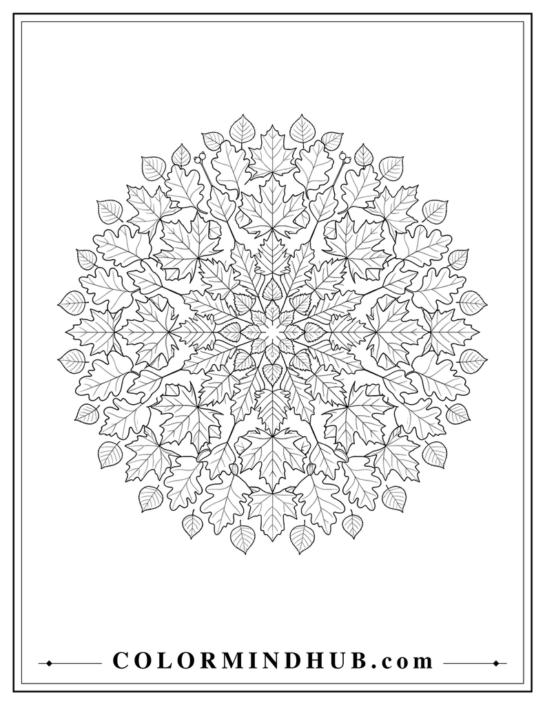Symmetrical mandala made from maple, oak, and woodland leaves in a circular pattern - fall leaf coloring page for adults