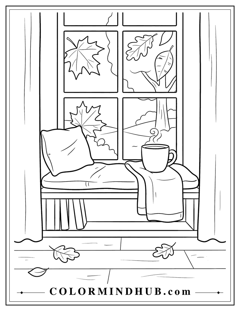 Comfortable window seat with a cushion, folded blanket, mug, and autumn leaves outside - cozy fall coloring page
