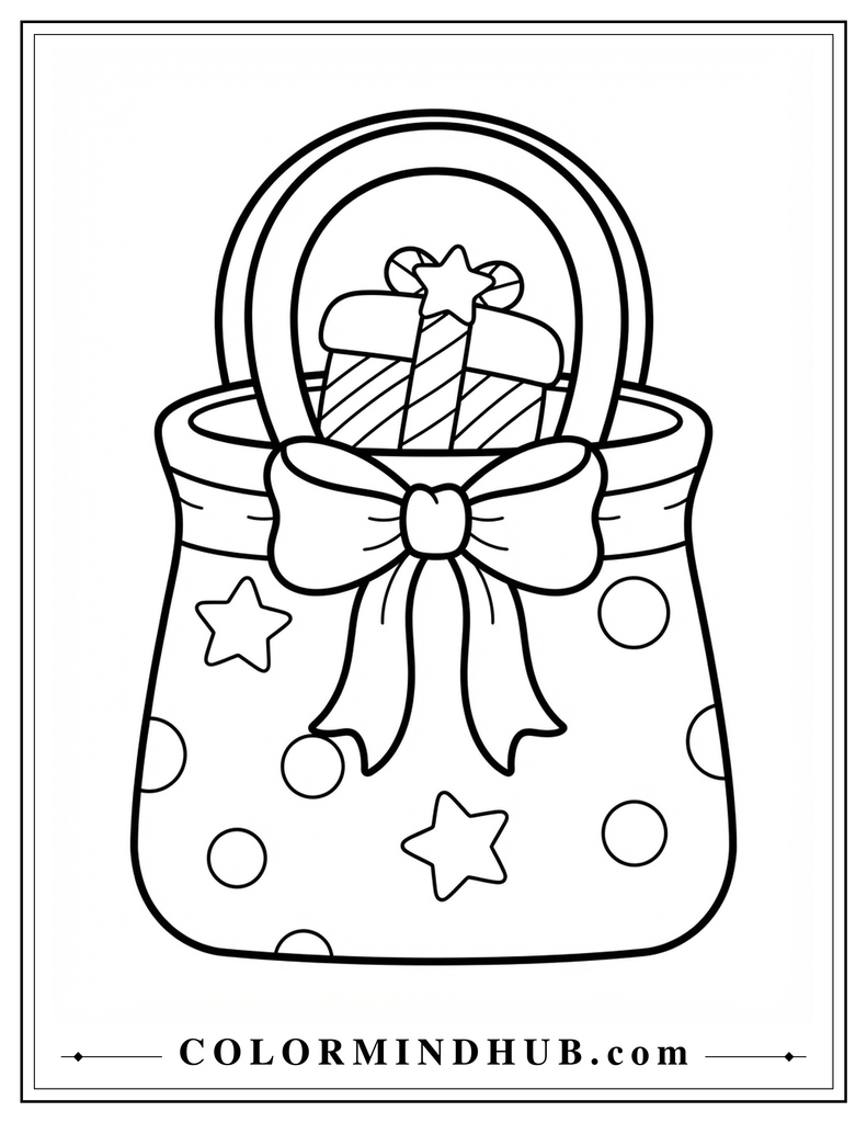Handled Christmas gift basket decorated with stars, ribbon, and a large festive bow - Christmas gift coloring page