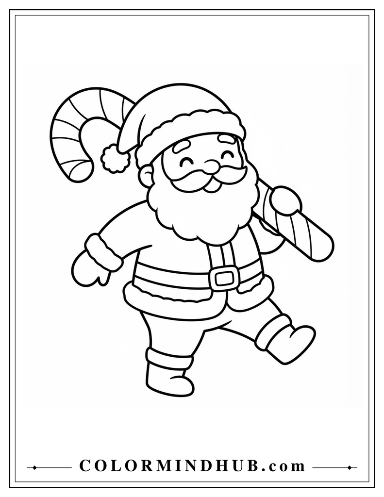 Cheerful Santa Claus carrying an oversized candy cane over his shoulder - Santa Claus coloring page