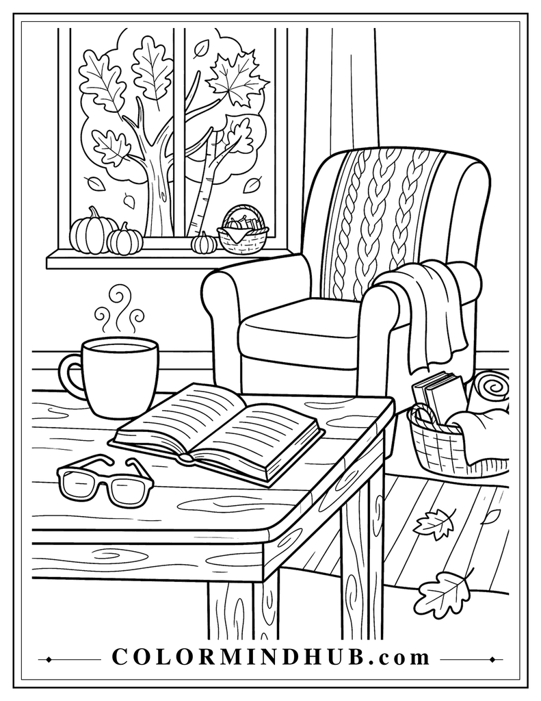 Steaming mug beside an open book on a wooden table with a folded blanket nearby - cozy autumn coloring page

