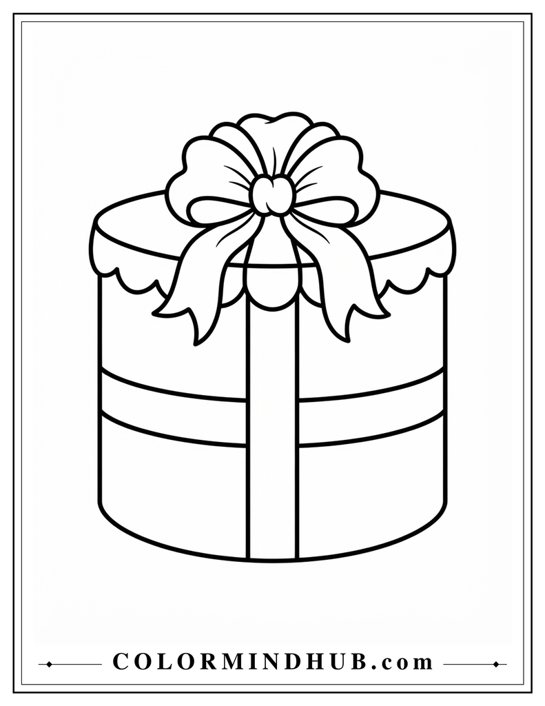 Round Christmas present with a lid, vertical ribbon, and large decorative bow - Christmas present coloring page