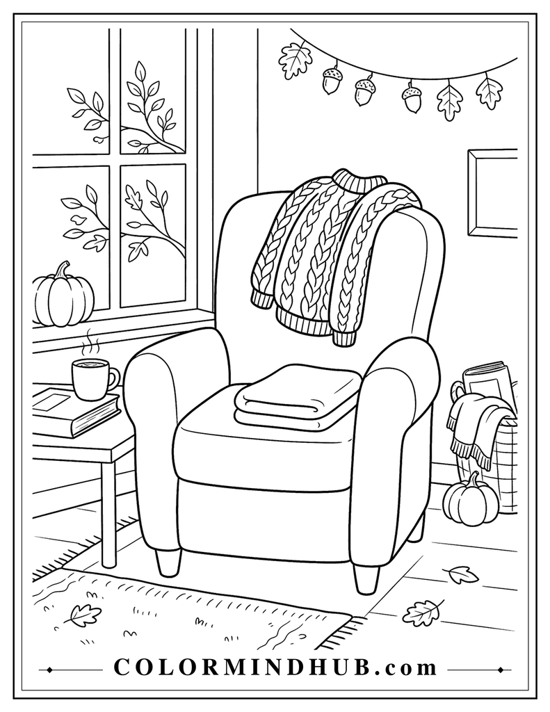 Chunky knitted sweater draped over a comfortable chair with a folded blanket - cozy fall coloring page