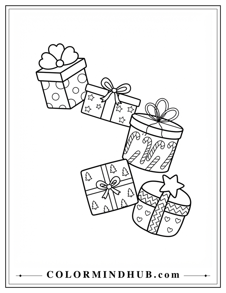 Several small wrapped Christmas gifts arranged diagonally with bows and playful holiday patterns - Christmas gift coloring page for kids