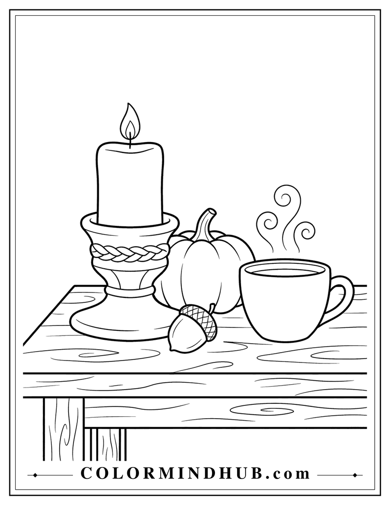 Cozy autumn table with a large candle, pumpkin, acorn, and warm ceramic cup - fall coloring page
