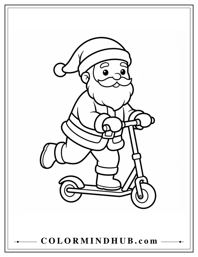 Playful Santa Claus riding a small scooter with a cheerful smile - Christmas Santa coloring page for kids
