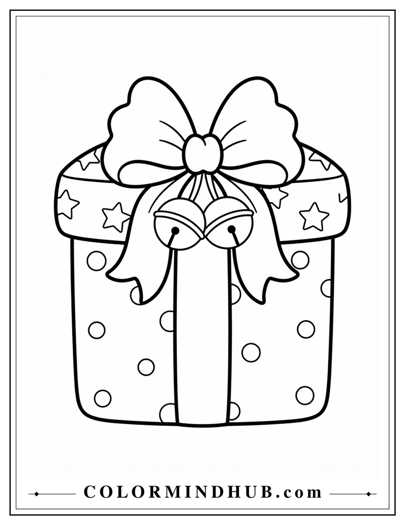Round Christmas present decorated with stars and dots and topped with a large bow - Christmas gift coloring page