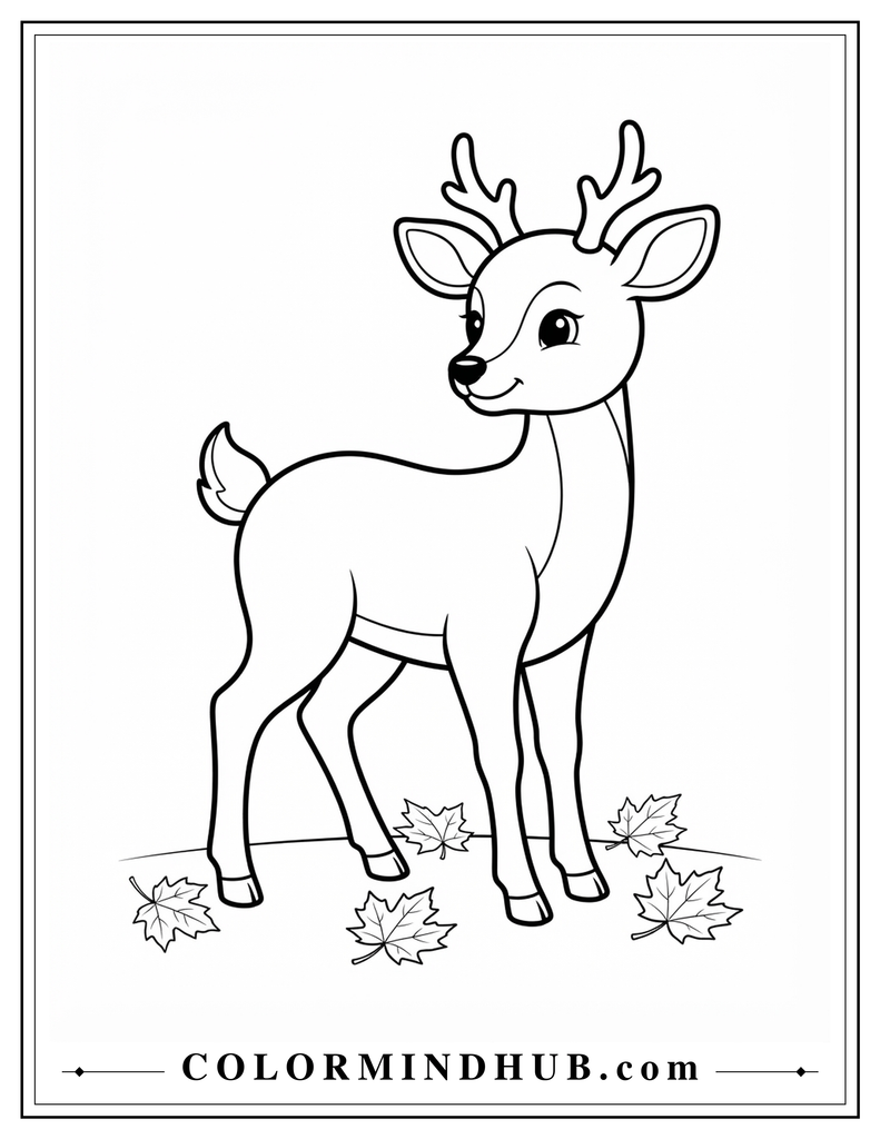 Cute young deer standing with several maple leaves around its legs - fall deer coloring page