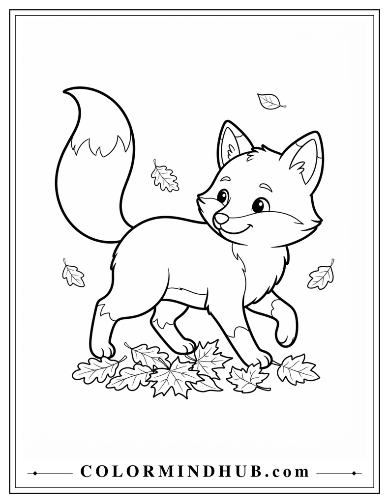 Cute fox walking through scattered autumn leaves with its fluffy tail raised - fall fox coloring page