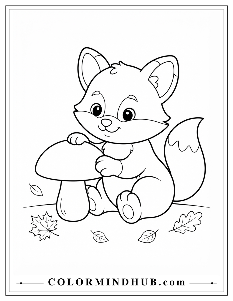 Cute fox sitting beside a large woodland mushroom and touching it with one paw - fall fox coloring page