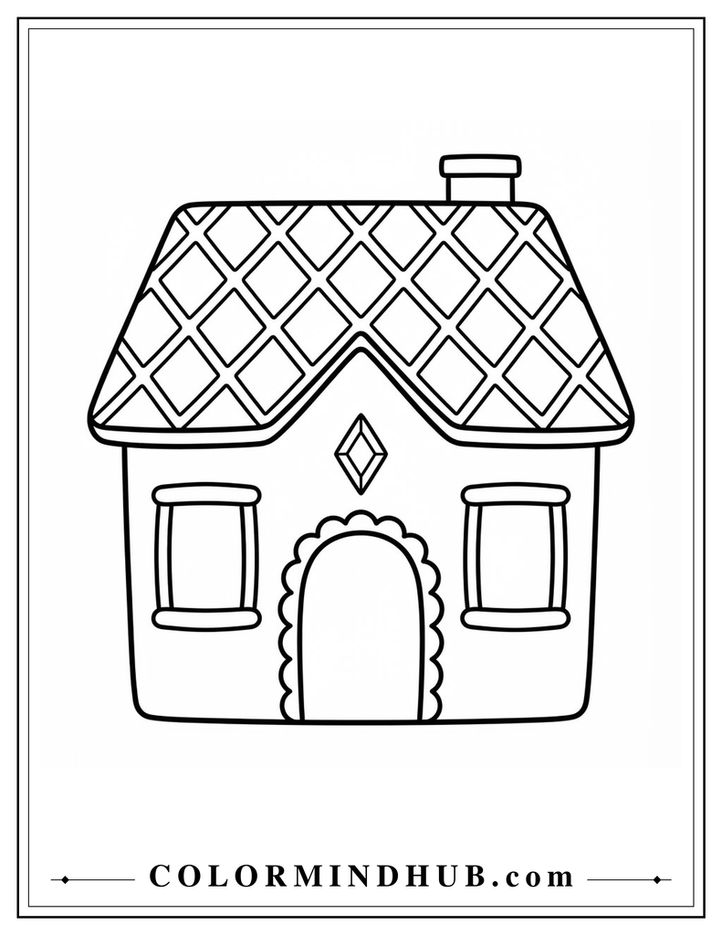 Neat gingerbread house decorated with large diamond-shaped icing patterns across the roof - gingerbread house coloring page for kids