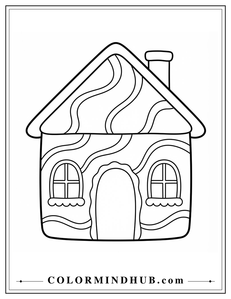 Lovely gingerbread house decorated with graceful curved icing lines across the roof and front wall - gingerbread house coloring page for kids
