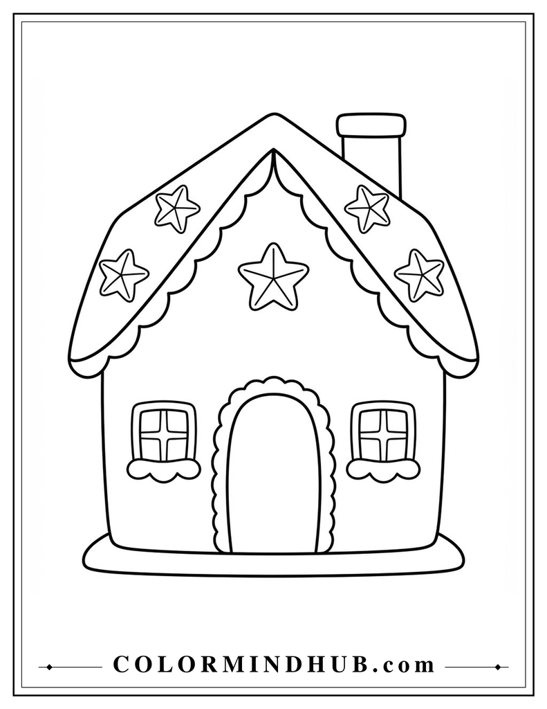 Cute gingerbread house decorated with simple star-shaped icing designs, bows, and small windows - gingerbread house coloring page