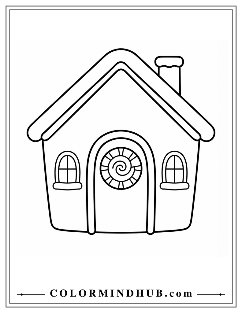 Cute gingerbread house featuring a large round peppermint-style design on the front door - gingerbread house coloring page