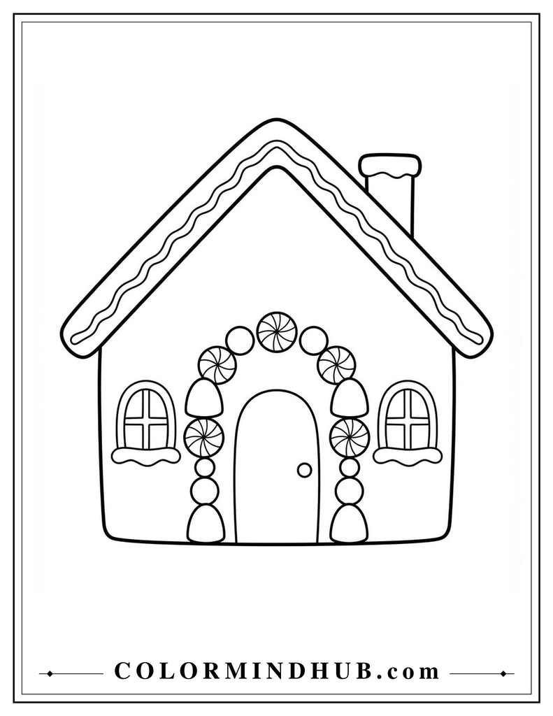 Sweet gingerbread house with an arched doorway surrounded by alternating large candy shapes - gingerbread house coloring page