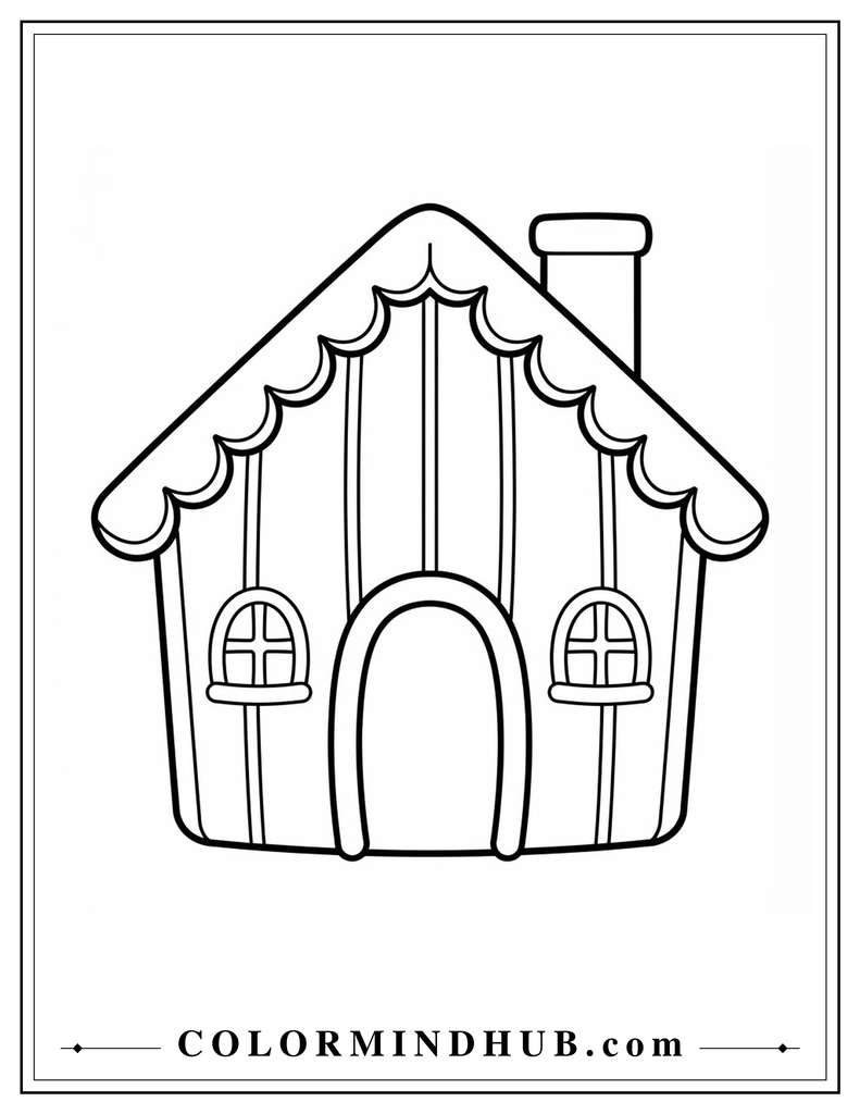 Classic gingerbread house with repeating scalloped icing along the roof and a rounded doorway - gingerbread house coloring page for kids