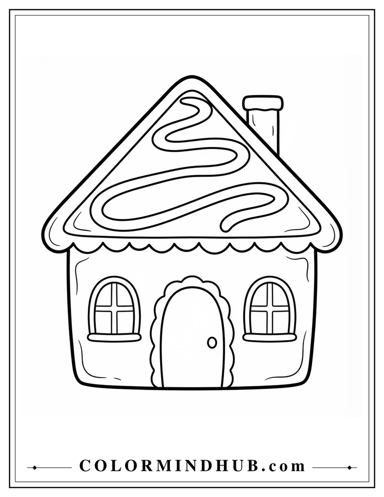 Charming gingerbread house with a broad ribbon-like icing pattern crossing the roof - gingerbread house coloring page for kids