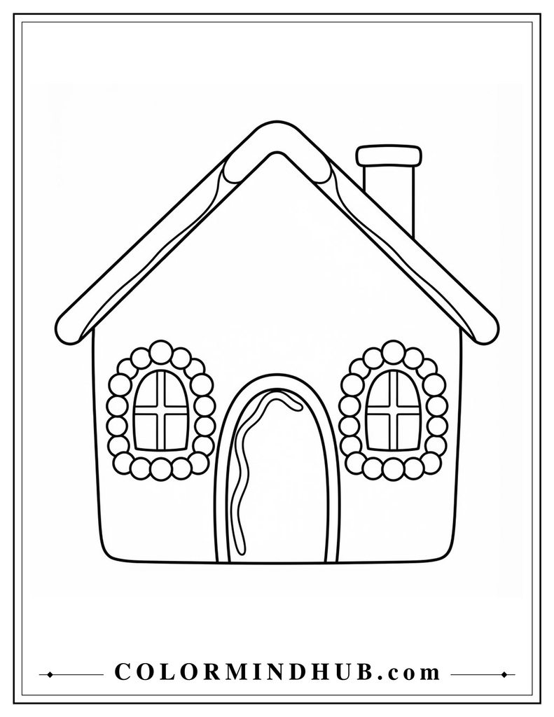 Cheerful gingerbread house with round candy-like icing frames around two windows - gingerbread house coloring page