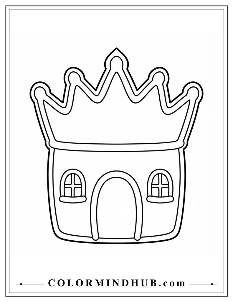 Whimsical gingerbread house with a distinctive crown-shaped roof, rounded doorway, and two small windows - gingerbread house coloring page