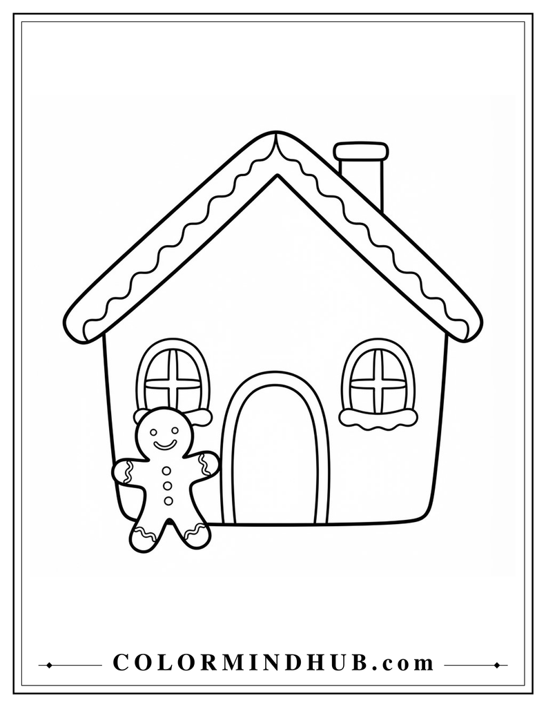 Cheerful gingerbread house with a small friendly gingerbread man standing beside the doorway - gingerbread house coloring page