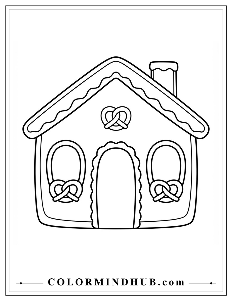 Gingerbread house with simple pretzel-shaped decorations around the windows and doorway - gingerbread house coloring page