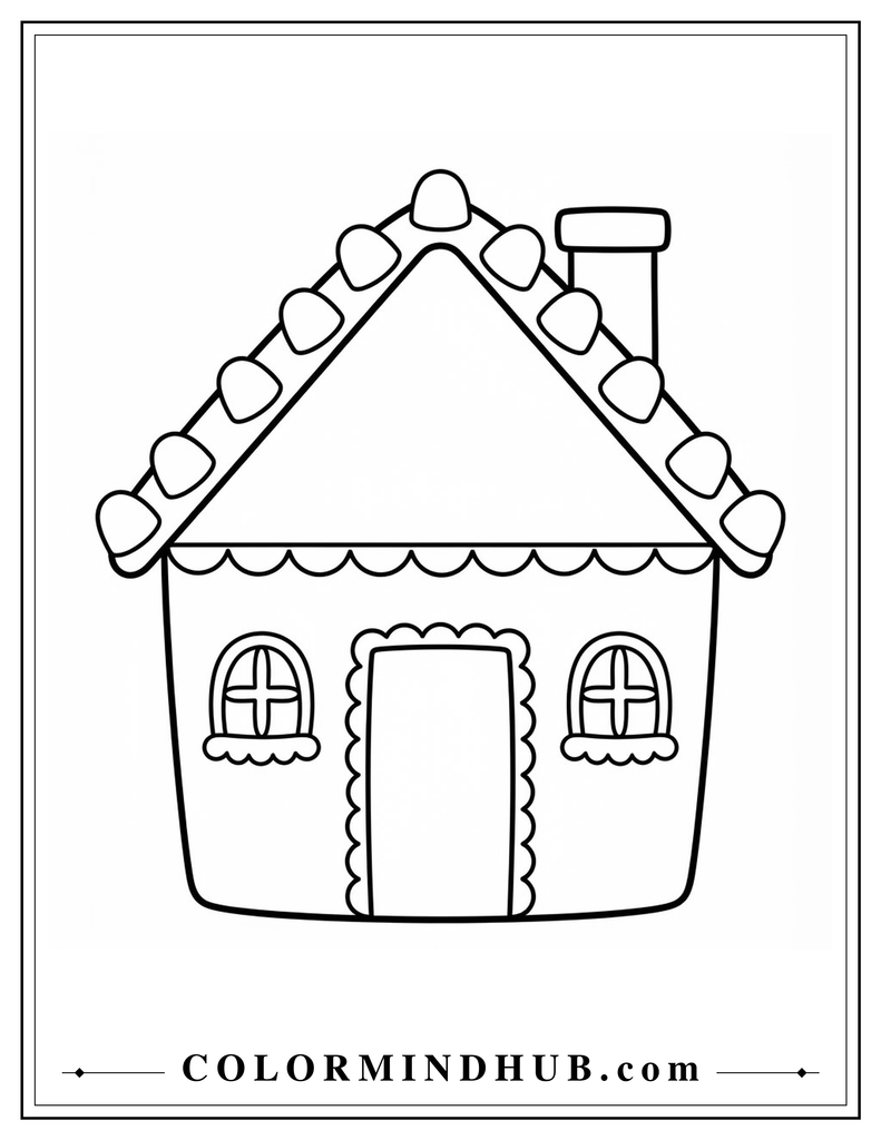 Cheerful gingerbread house with large rounded gumdrop decorations along the roof edges - gingerbread house coloring page for kids