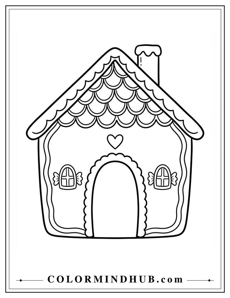 Classic gingerbread cottage with icing roof scallops, candy windows, and a rounded doorway - gingerbread house coloring page