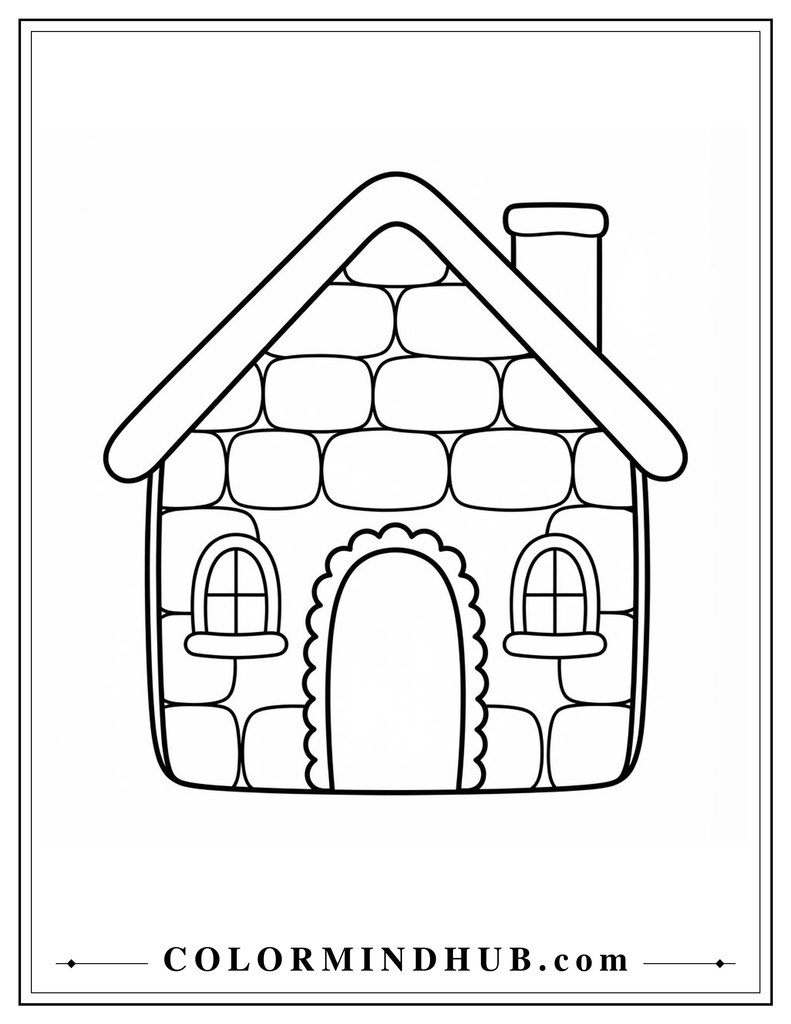 Charming gingerbread house with large rounded brick-like sections outlined with smooth icing lines - gingerbread house coloring page for kids