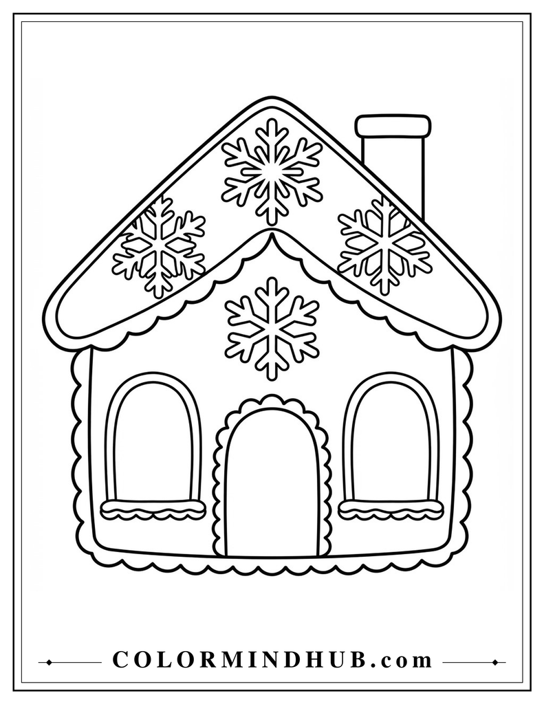 Sweet gingerbread house decorated with large snowflake icing designs across the roof and front - gingerbread house coloring page